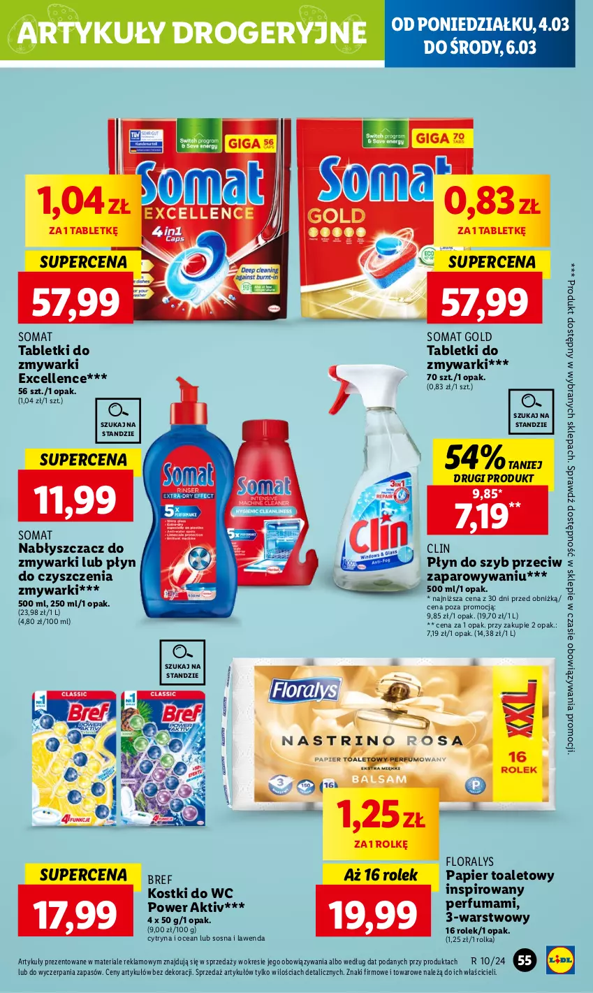 Gazetka promocyjna Lidl - GAZETKA - ważna 04.03 do 06.03.2024 - strona 63 - produkty: Bref, Clin, Flora, Papier, Papier toaletowy, Perfum, Płyn do szyb, Somat, Somat gold, Sos, Tablet, Tabletki do zmywarki, Zmywarki