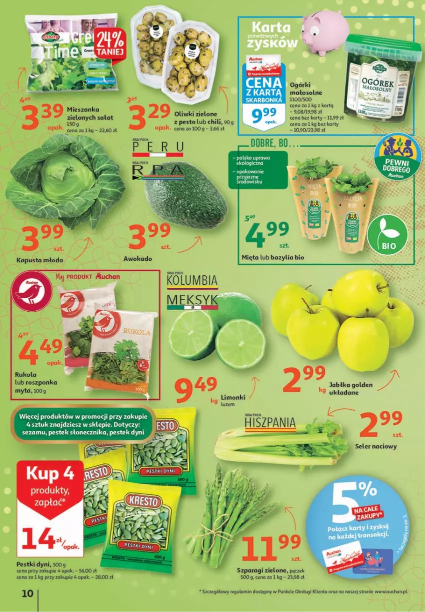 Gazetka promocyjna Auchan - 25 urodziny #1 Hipermarkety - ważna 22.04 do 28.04.2021 - strona 10 - produkty: Oliwki, Oliwki zielone, Pestki dyni, Pesto, Roszponka, Rukola, Sałat, Seler naciowy