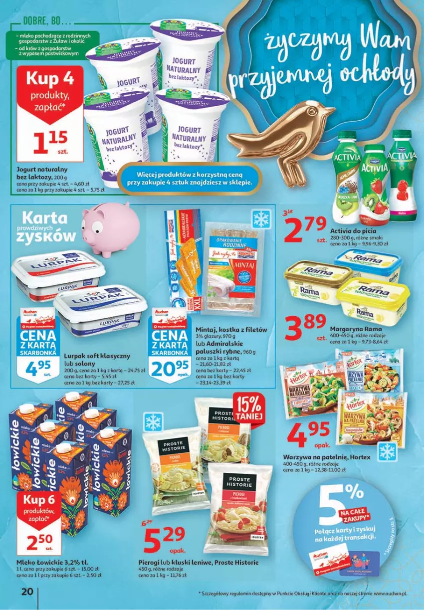 Gazetka promocyjna Auchan - 25 urodziny #1 Hipermarkety - ważna 22.04 do 28.04.2021 - strona 20 - produkty: Activia, Hortex, Jogurt, Jogurt naturalny, Lazur, Lurpak, Margaryna, Mintaj, Mleko, Paluszki rybne, Pierogi, Rama, Warzywa