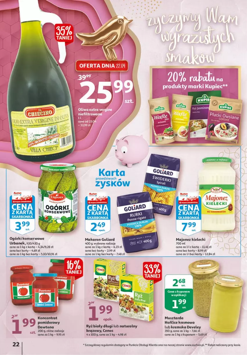 Gazetka promocyjna Auchan - 25 urodziny #1 Hipermarkety - ważna 22.04 do 28.04.2021 - strona 22 - produkty: Cenos, Dawtona, Gin, Goliard, Majonez, Makaron, Mus, Musztarda, Ogórki konserwowe, Ryż, Ryż biały, Ser