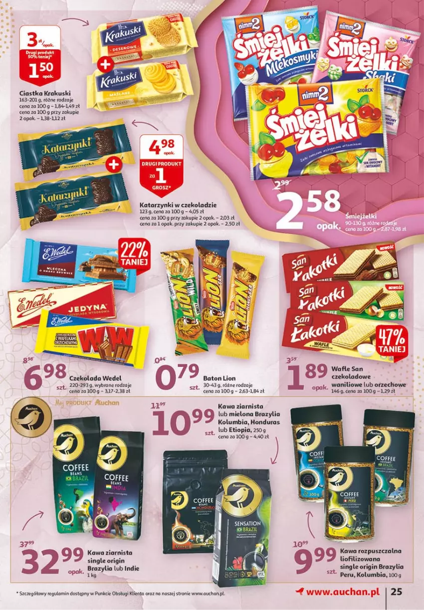 Gazetka promocyjna Auchan - 25 urodziny #1 Hipermarkety - ważna 22.04 do 28.04.2021 - strona 25 - produkty: Baton, Ciastka, Czekolada, Gin, Kawa, Kawa rozpuszczalna, Kawa ziarnista, Krakus, Krakuski, Lion, Sati