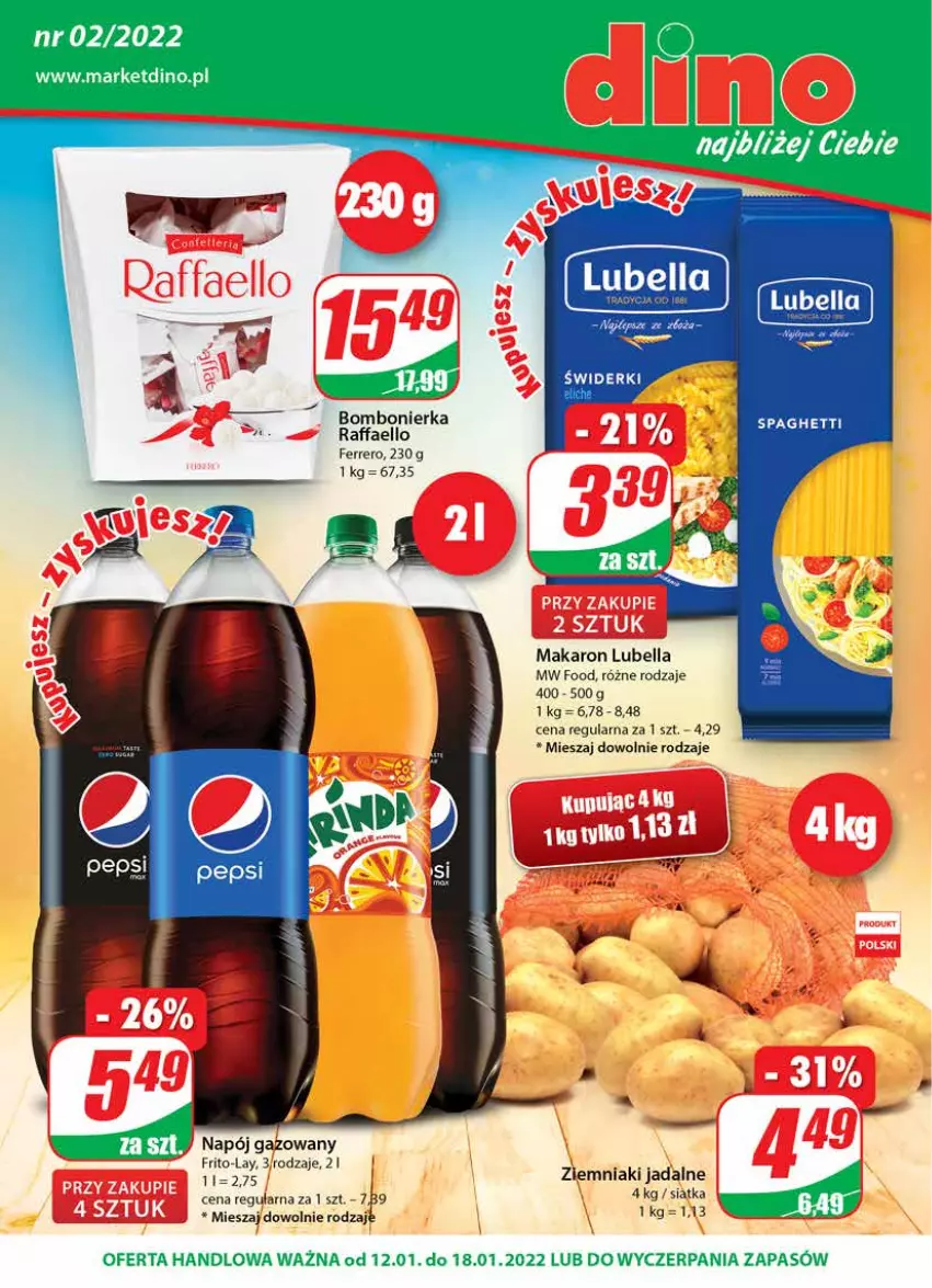 Gazetka promocyjna Dino - Gazetka - ważna 12.01 do 18.01.2022 - strona 1 - produkty: Bell, Bella, Fa, Ferrero, JBL, Lubella, Makaron, Napój, Raffaello, Siatka, Spaghetti, Ziemniaki