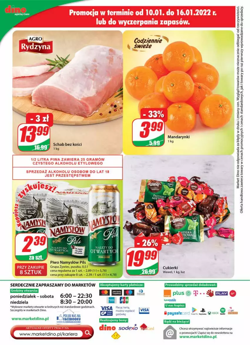 Gazetka promocyjna Dino - Gazetka - ważna 12.01 do 18.01.2022 - strona 20 - produkty: Cukier, Cukierki, Mandarynki, Namysłów, Piwo, Schab bez kości, Ser, Sok, Tera, Wawel