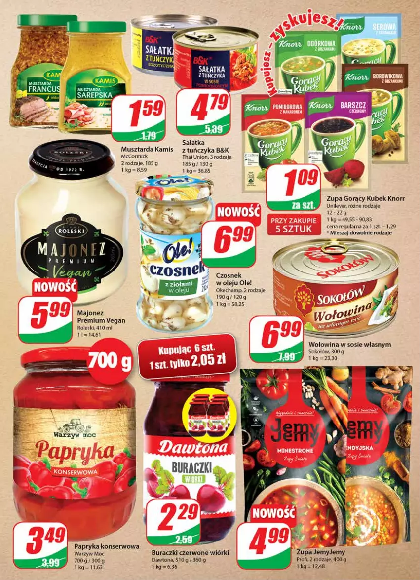 Gazetka promocyjna Dino - Gazetka - ważna 12.01 do 18.01.2022 - strona 7 - produkty: Buraczki, Czosnek, Dawtona, Fa, Kamis, Knorr, Kubek, Majonez, Mus, Musztarda, Ole!, Olej, Papryka, Sałat, Sałatka, Ser, Sok, Sokołów, Sos, Tuńczyk, Wołowina, Zupa