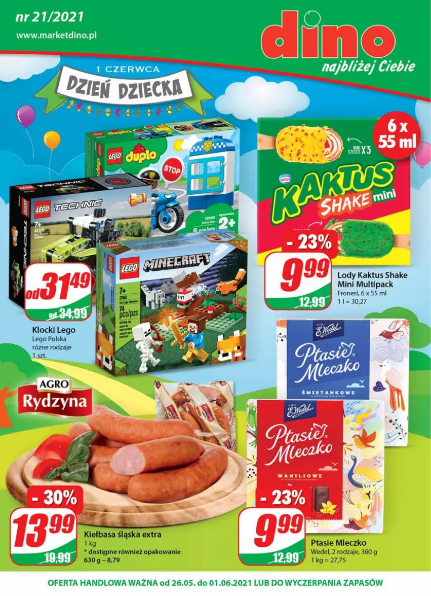 Gazetka promocyjna Dino - Gazetka - ważna 26.05 do 01.06.2021 - strona 1 - produkty: Kaktus, Kiełbasa, Kiełbasa śląska, Klocki, LEGO, Lody, Mleczko, Ptasie mleczko