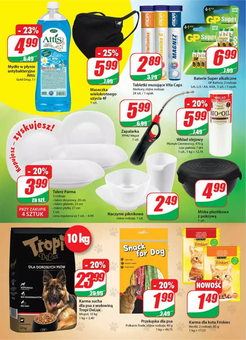 Gazetka promocyjna Dino - Gazetka - ważna 26.05 do 01.06.2021 - strona 22 - produkty: Deser, Friskies, Magnez, Miska, Mus, Mydło, Mydło w płynie, Olej, Ser, Tablet, Tabletki musujące, Talerz, Talerz deserowy, Talerz głęboki, Vita C, Wkład olejowy, Zapalarka