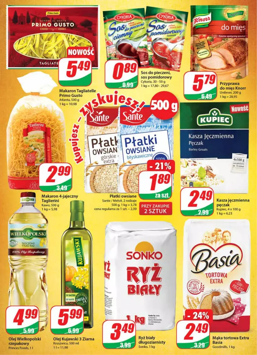 Gazetka promocyjna Dino - Gazetka - ważna 26.05 do 01.06.2021 - strona 8 - produkty: Basia, Kasza, Kasza jęczmienna, Knorr, Kujawski, Kupiec, Mąka, Mąka tortowa, Makaron, Melvit, Olej, Piec, Płatki owsiane, Ryż, Ryż biały, Sante, Sonko, Sos, Sos pomidorowy, Tagliatelle