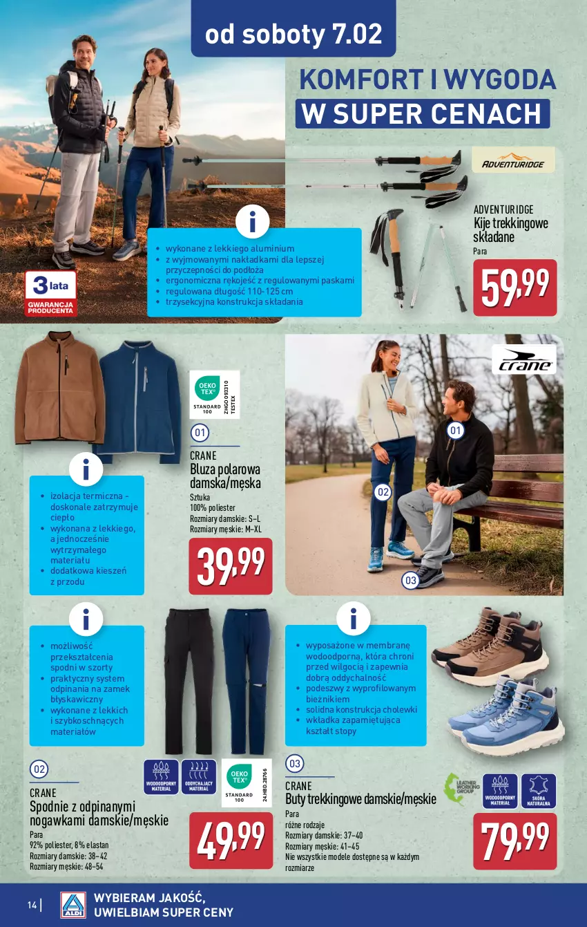 Gazetka promocyjna Aldi - Artykuły przemysłowe i tekstylia - ważna 04.02 do 07.02.2026 - strona 14 - produkty: Bieżnik, Bluza, Bluza polarowa, Buty, Kije, LG, Por, Spodnie, Szorty, Top