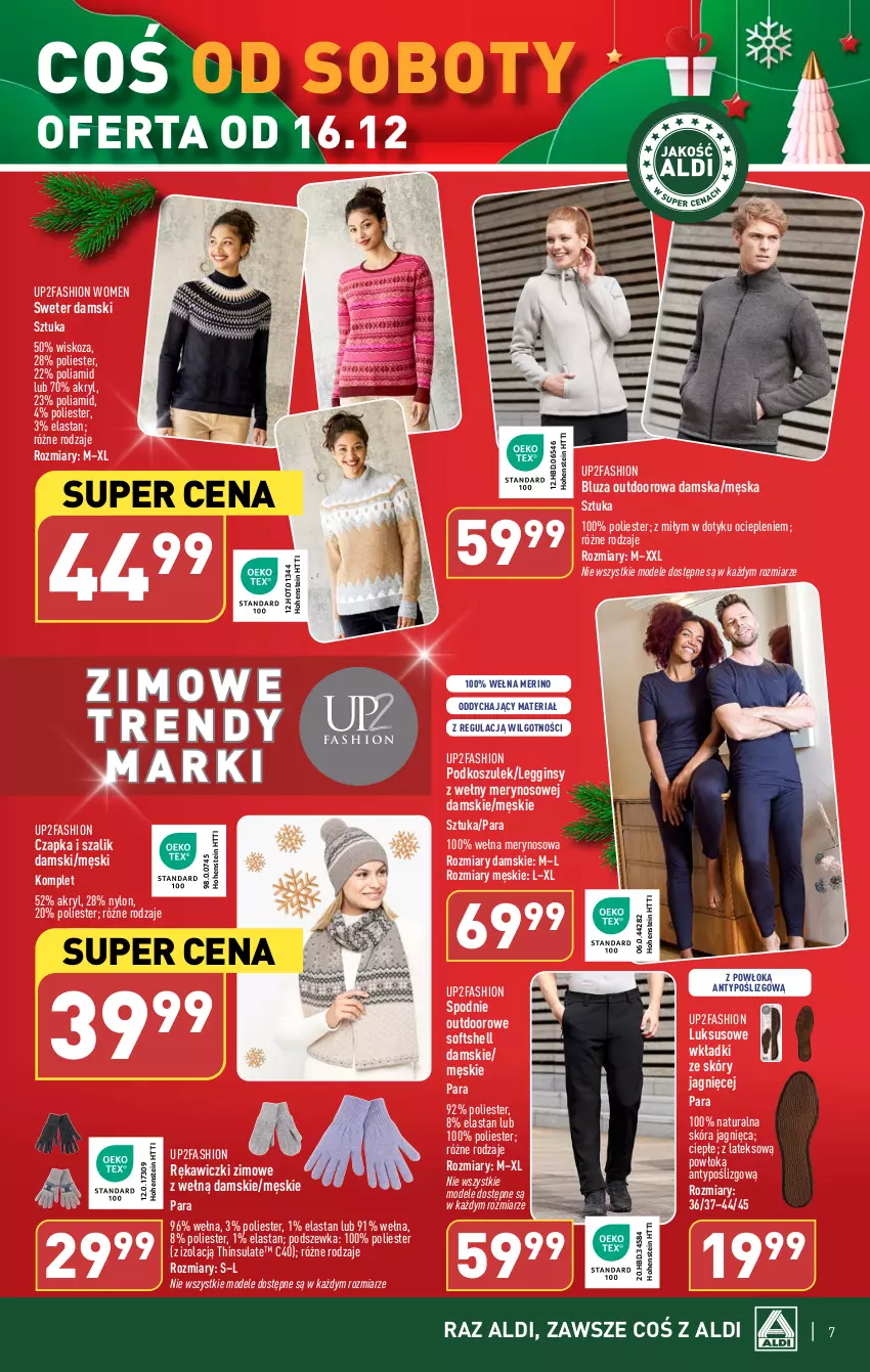 Gazetka promocyjna Aldi - Artykuły przemysłowe i tekstylia - ważna 13.12 do 16.12.2023 - strona 7 - produkty: Bluza, Czapka, Fa, Gin, Kosz, Legginsy, LG, Podkoszulek, Spodnie, Sweter, Szal, Wełna, Wkładki