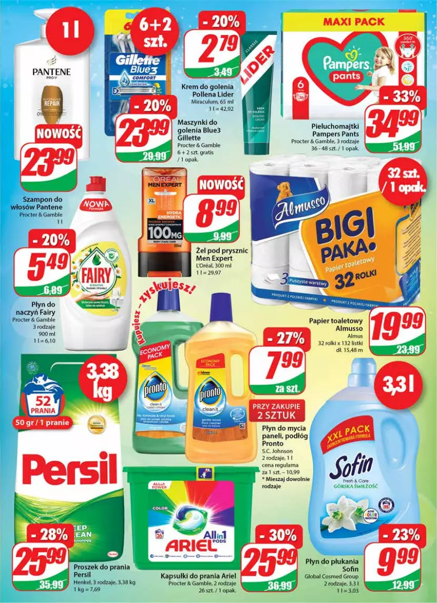 Gazetka promocyjna Dino - Gazetka - ważna 19.01 do 25.01.2022 - strona 19 - produkty: Ariel, Fa, Fairy, Gillette, Gra, Kapsułki do prania, Krem do golenia, Majtki, Mus, Pampers, Pantene, Papier, Papier toaletowy, Persil, Pieluchomajtki, Płyn do mycia, Płyn do mycia paneli, Płyn do płukania, Pronto, Proszek do prania, Rolki, Szampon