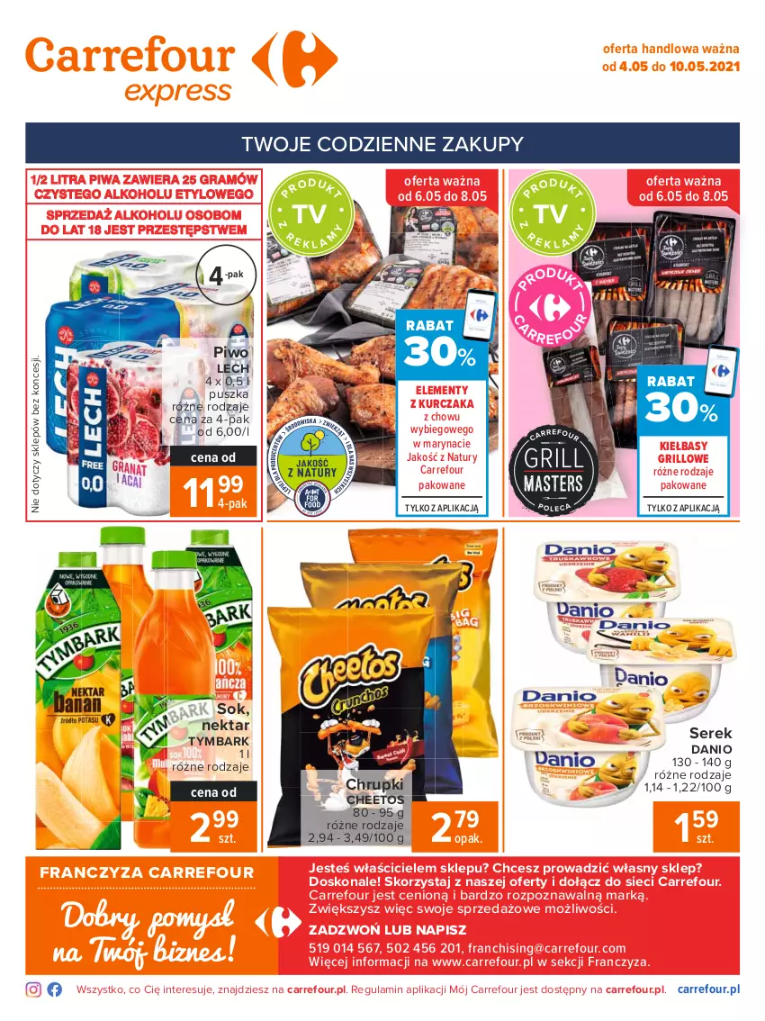 Gazetka promocyjna Carrefour - Gazetka Express - ważna 03.05 do 10.05.2021 - strona 2 - produkty: Cheetos, Chrupki, Danio, Gra, Grill, Kurczak, Nektar, Piwa, Piwo, Ser, Serek, Sok, Tymbark