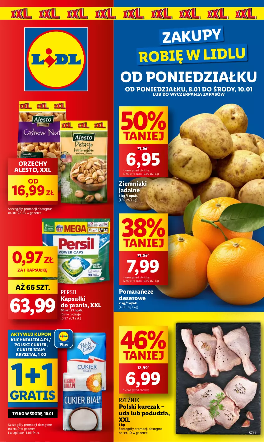 Gazetka promocyjna Lidl - GAZETKA - ważna 08.01 do 10.01.2024 - strona 1 - produkty: Cukier, Deser, Gra, Kapsułki do prania, Kuchnia, Kurczak, Persil, Pomarańcze, Ser, Ziemniaki