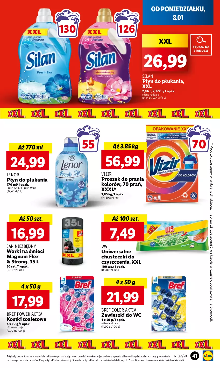 Gazetka promocyjna Lidl - GAZETKA - ważna 08.01 do 10.01.2024 - strona 43 - produkty: Bref, Chusteczki, Chusteczki do czyszczenia, Jan Niezbędny, Lenor, Płyn do płukania, Proszek do prania, Silan, Vizir, Worki na śmiec, Worki na śmieci, Zawieszki