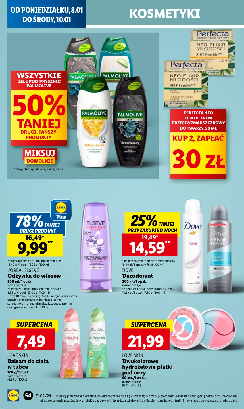 Gazetka promocyjna Lidl - GAZETKA - ważna 08.01 do 10.01.2024 - strona 58 - produkty: Balsam do ciała, Dezodorant, Dove, Elseve, Hydrożelowe płatki pod oczy, Krem przeciwzmarszczkowy, Mars, Odżywka, Olej, Palmolive, Perfecta