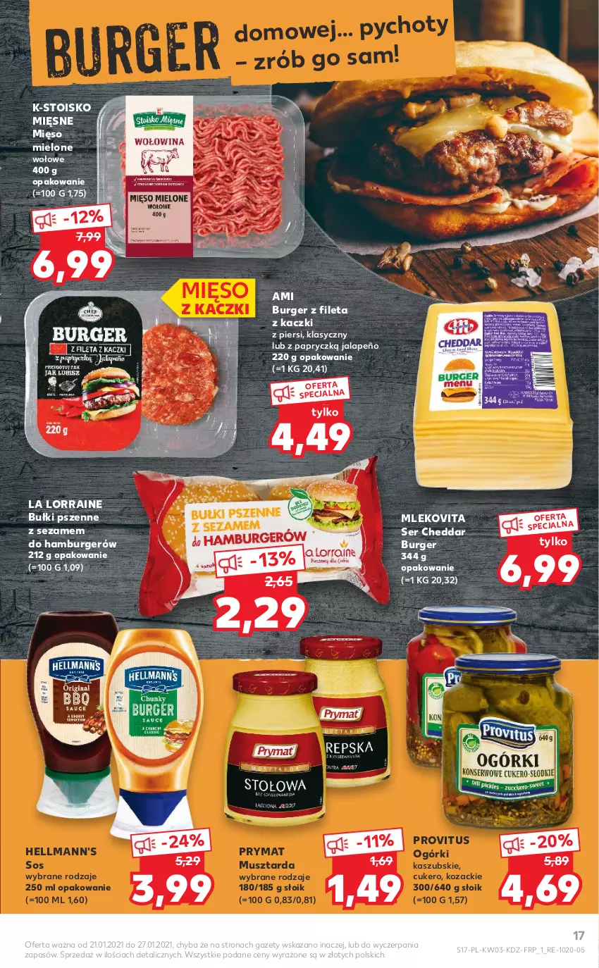 Gazetka promocyjna Kaufland - OFERTA TYGODNIA - ważna 21.01 do 27.01.2021 - strona 17 - produkty: Burger, Cheddar, Hamburger, Mięso, Mięso mielone, Mleko, Mlekovita, Mus, Musztarda, Prymat, Ser, Sezam, Sos