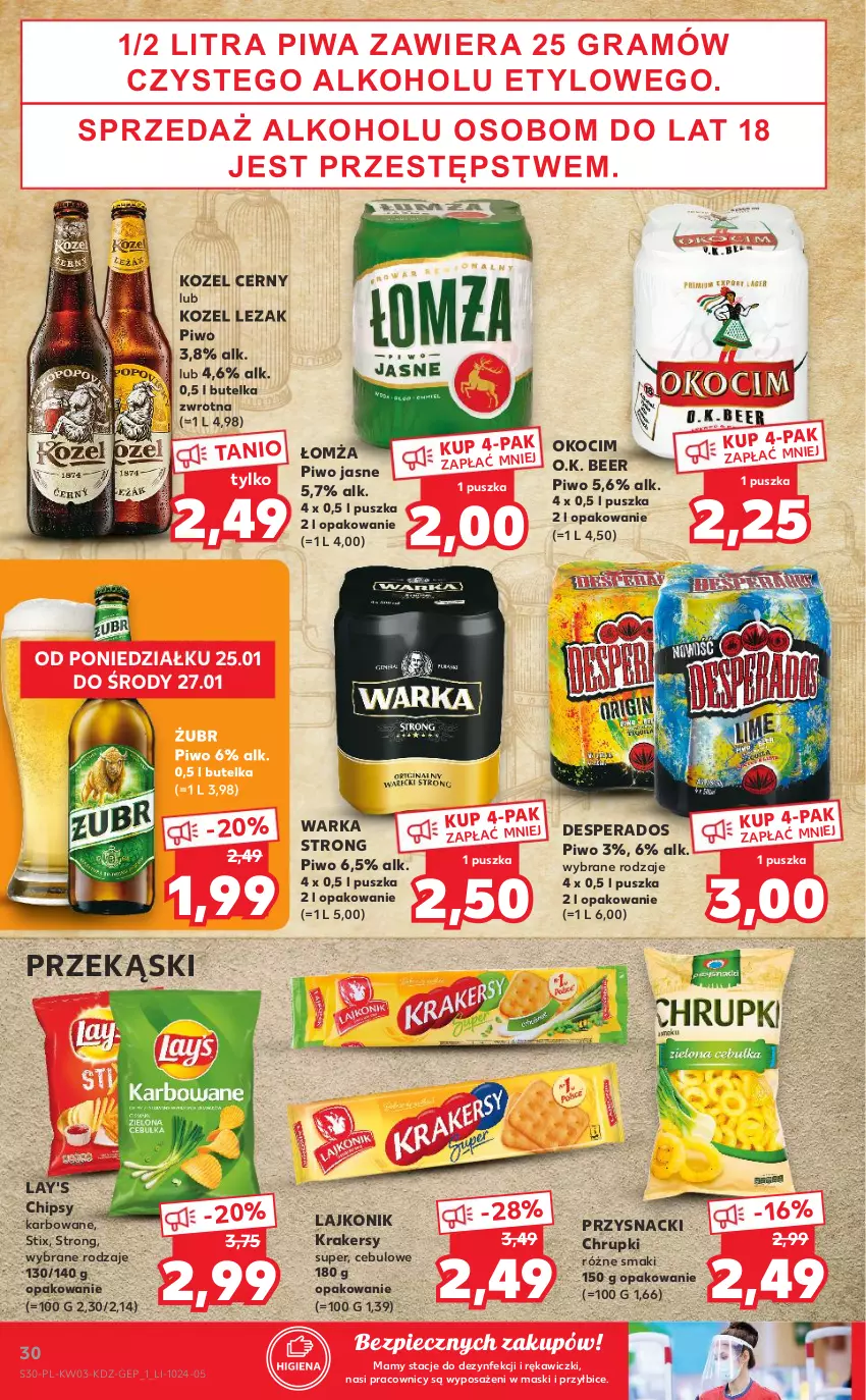 Gazetka promocyjna Kaufland - OFERTA TYGODNIA - ważna 21.01 do 27.01.2021 - strona 30 - produkty: BIC, Chipsy, Chrupki, Desperados, Koc, Kozel, Krakersy, Lajkonik, Okocim, Piec, Piwa, Piwo, Piwo jasne, Przysnacki, Warka