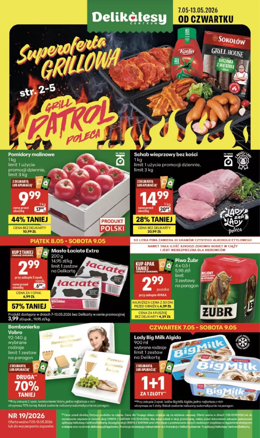 Gazetka promocyjna Delikatesy Centrum - Franczyza DC19 Czwartek - ważna 07.05 do 13.05.2026 - strona 1 - produkty: Algida, Big Milk, Fa, LG, Lody, Masło, Piec, Piwo, Pomidory, Rama, Rum, Tran