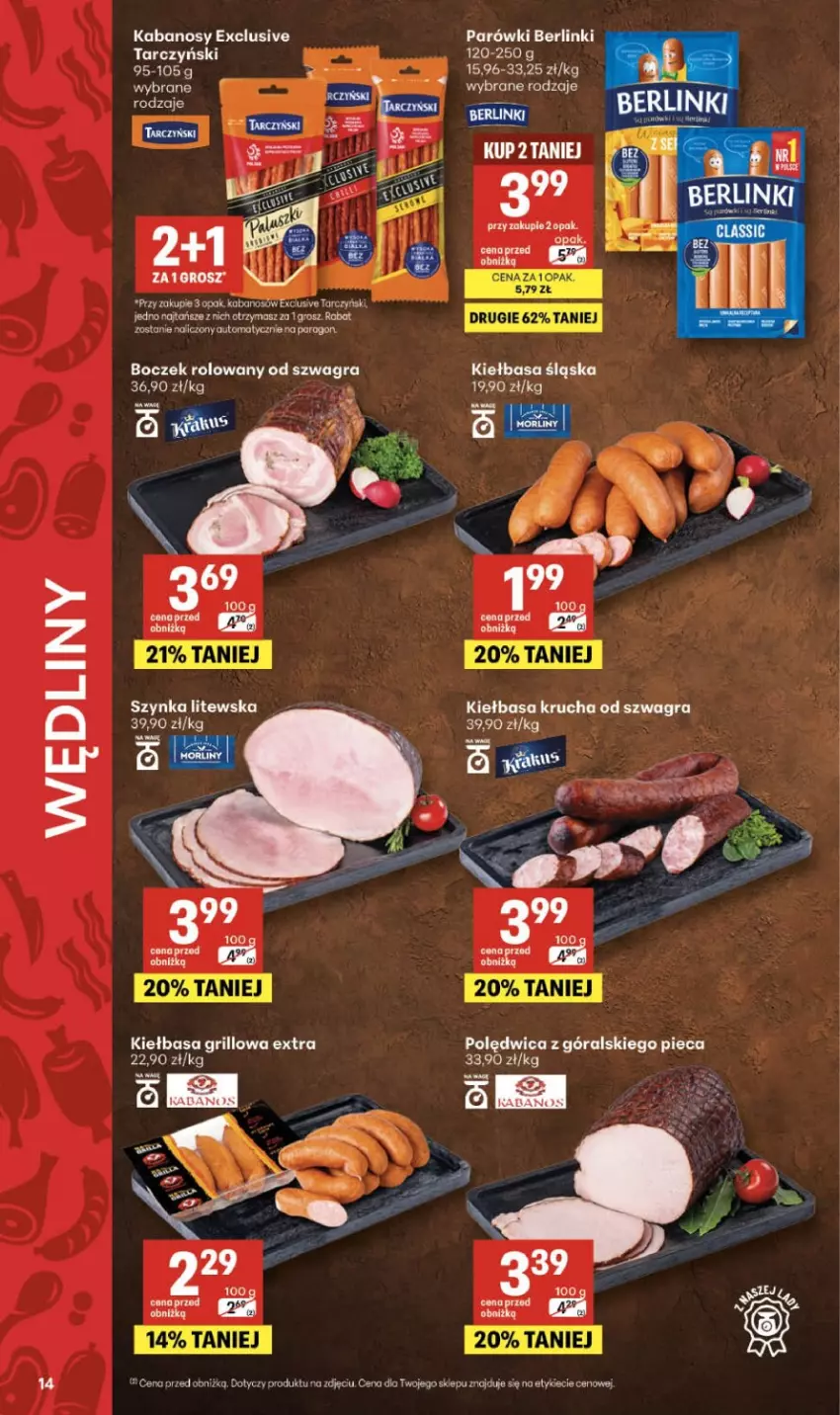 Gazetka promocyjna Delikatesy Centrum - Franczyza DC19 Czwartek - ważna 07.05 do 13.05.2026 - strona 14 - produkty: AEG, Boczek, Gra, Grill, Kabanos, Kiełbasa, Kiełbasa krucha, Kiełbasa śląska, Piec, Polędwica, Szynka, Tarczyński