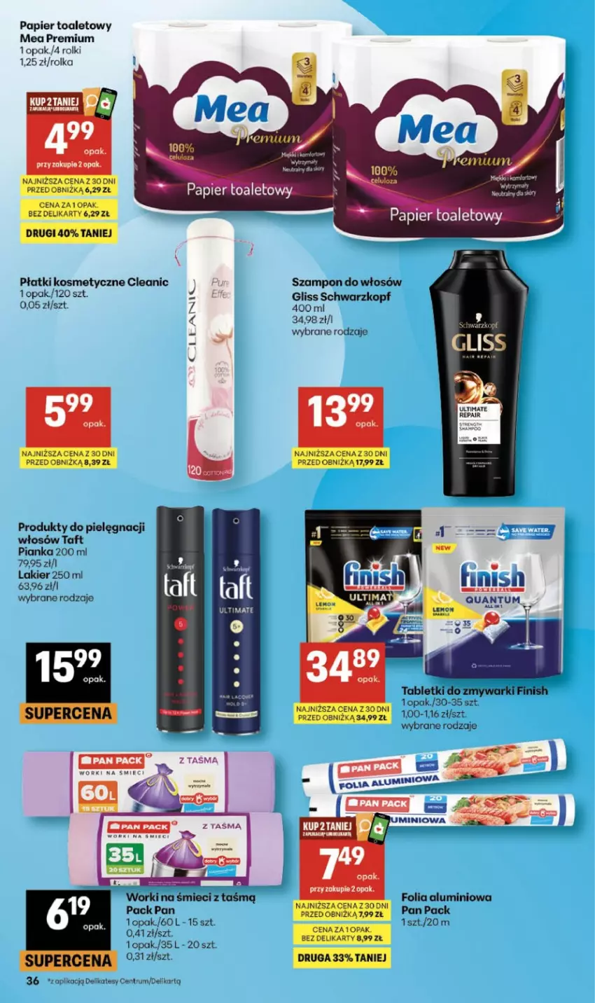 Gazetka promocyjna Delikatesy Centrum - Franczyza DC19 Czwartek - ważna 07.05 do 13.05.2026 - strona 36 - produkty: Cleanic, Finish, Folia aluminiowa, Lakier, Papier, Papier toaletowy, Płatki kosmetyczne, Rolki, Rum, Schwarzkopf, Szampon, Tablet, Tabletki do zmywarki, Taft, Worki na śmiec, Worki na śmieci, Zmywarki