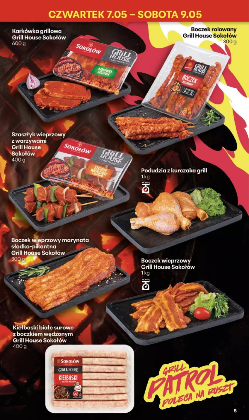 Gazetka promocyjna Delikatesy Centrum - Franczyza DC19 Czwartek - ważna 07.05 do 13.05.2026 - strona 5 - produkty: Boczek, Boczek wieprzowy, Grill, Kiełbaski białe, Kurczak, Sok, Sokołów, Warzywa