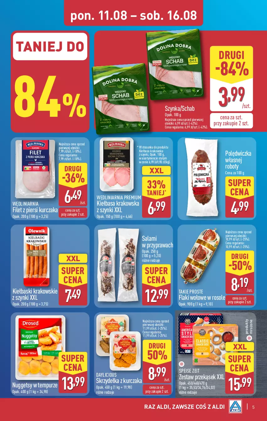 Gazetka promocyjna Aldi - Pełna oferta - ważna 11.08 do 16.08.2025 - strona 5 - produkty: Filet z piersi kurczaka, Flaki, Flaki wołowe, Kiełbasa, Kiełbasa krakowska, Kurczak, Produkty mrożone, Pur, Robot, Salami, Skrzydełka z kurczaka, Szynka