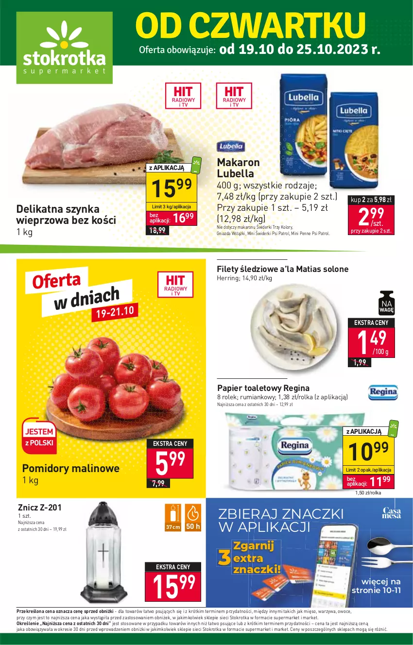 Gazetka promocyjna Stokrotka - Supermarket - ważna 19.10 do 25.10.2023 - strona 1 - produkty: Bell, Bella, Gin, Lubella, Makaron, Mięso, Owoce, Papier, Papier toaletowy, Penne, Pomidory, Psi Patrol, Rum, Szynka, Szynka wieprzowa, Warzywa, Znicz