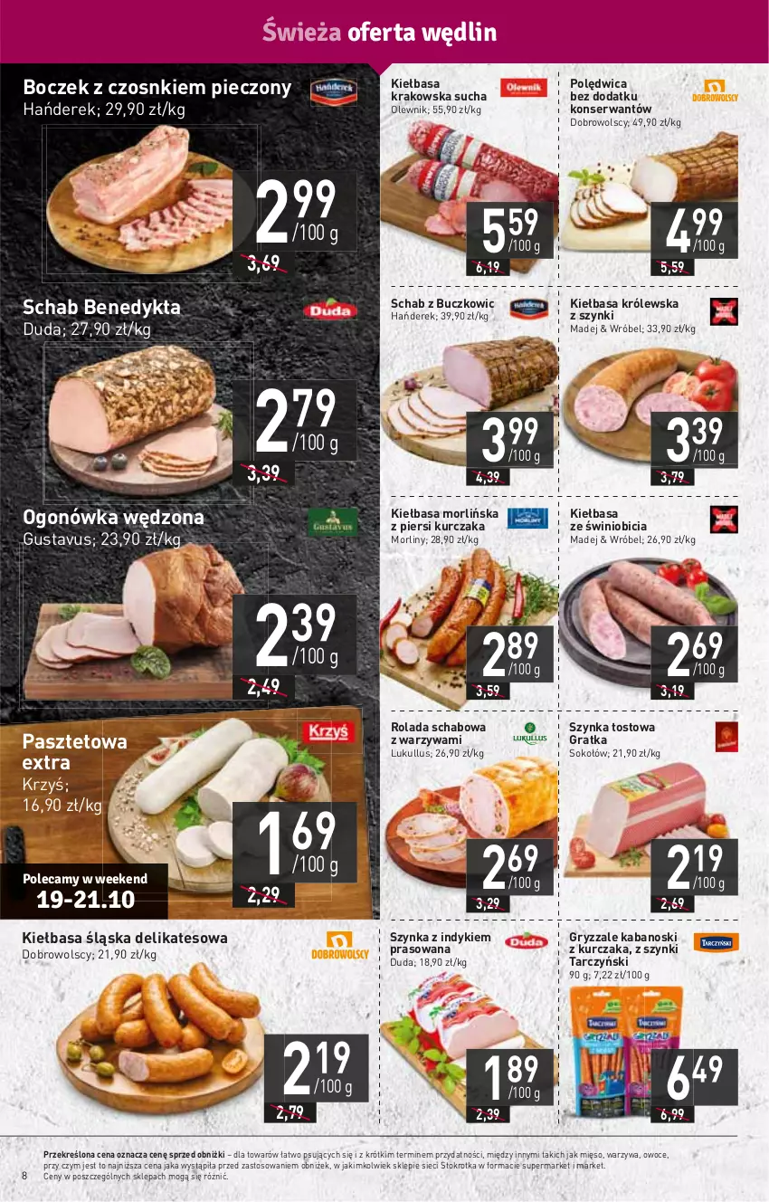 Gazetka promocyjna Stokrotka - Supermarket - ważna 19.10 do 25.10.2023 - strona 10 - produkty: BIC, Boczek, Duda, Gra, Gry, HP, Kabanos, Kiełbasa, Kiełbasa krakowska, Kiełbasa śląska, Kurczak, Mięso, Morliny, Ogonówka, Olewnik, Owoce, Pasztet, Piec, Polędwica, Rolada, Schab Benedykta, Ser, Sok, Sokołów, Szynka, Tarczyński, Warzywa