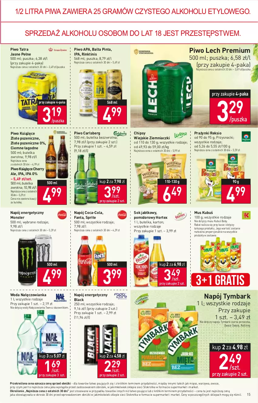 Gazetka promocyjna Stokrotka - Supermarket - ważna 19.10 do 25.10.2023 - strona 18 - produkty: Carlsberg, Chipsy, Coca-Cola, Dozownik, Fa, Fanta, Gra, Hortex, Książęce, Kubuś, Lack, Lech Premium, Mięso, Mus, Nałęczowianka, Napój, Napój energetyczny, Owoce, Piwa, Piwo, Por, Przysnacki, Sok, Sok jabłkowy, Sprite, Tatra, Tymbark, Warzywa, Woda