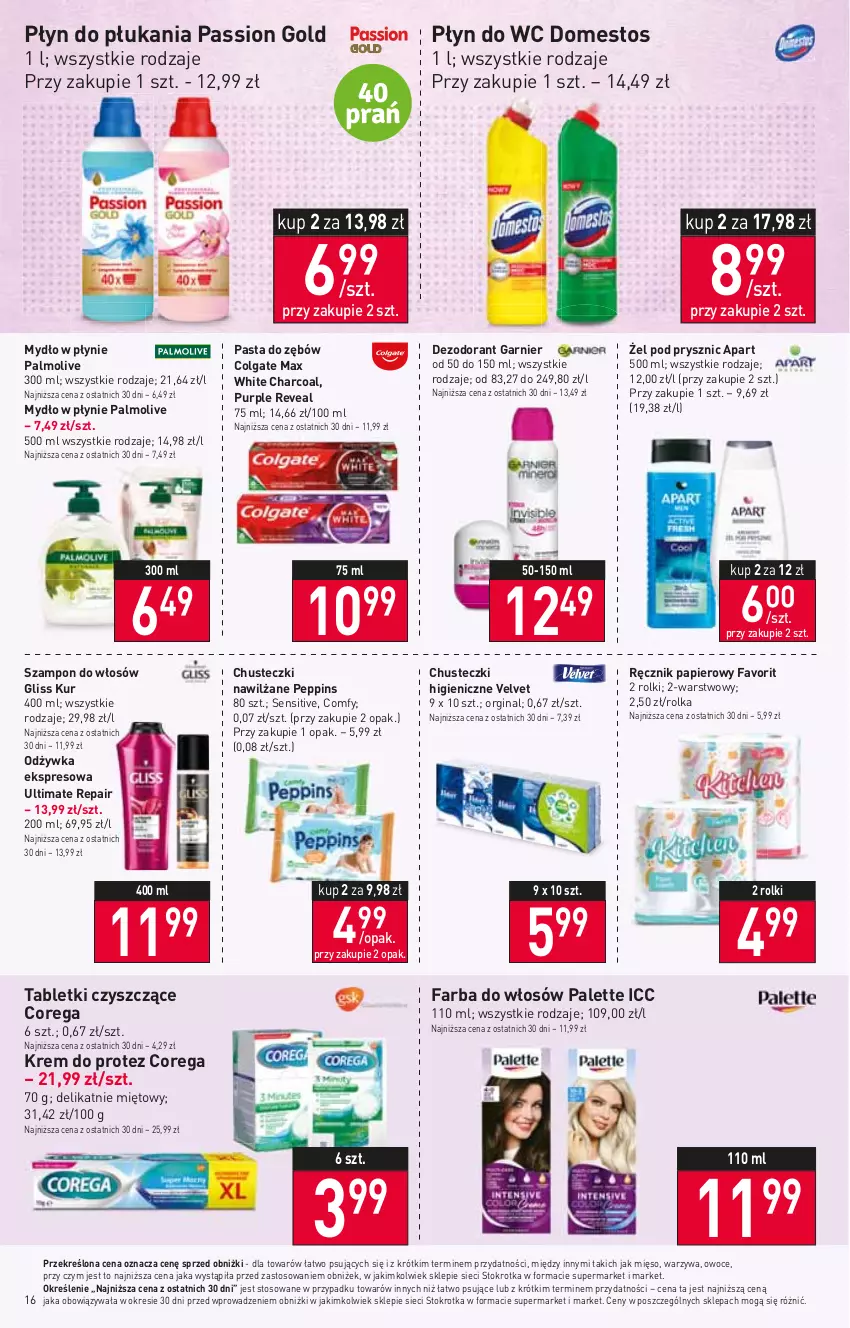 Gazetka promocyjna Stokrotka - Supermarket - ważna 19.10 do 25.10.2023 - strona 19 - produkty: Chusteczki, Colgate, Corega, Dezodorant, Domestos, Fa, Farba do włosów, Garnier, Gin, Gliss Kur, LG, Mięso, Mydło, Mydło w płynie, Odżywka, Owoce, Palette, Palmolive, Papier, Pasta do zębów, Płyn do płukania, Płyn do wc, Pur, Ręcznik, Rolki, Szampon, Tablet, Velvet, Warzywa