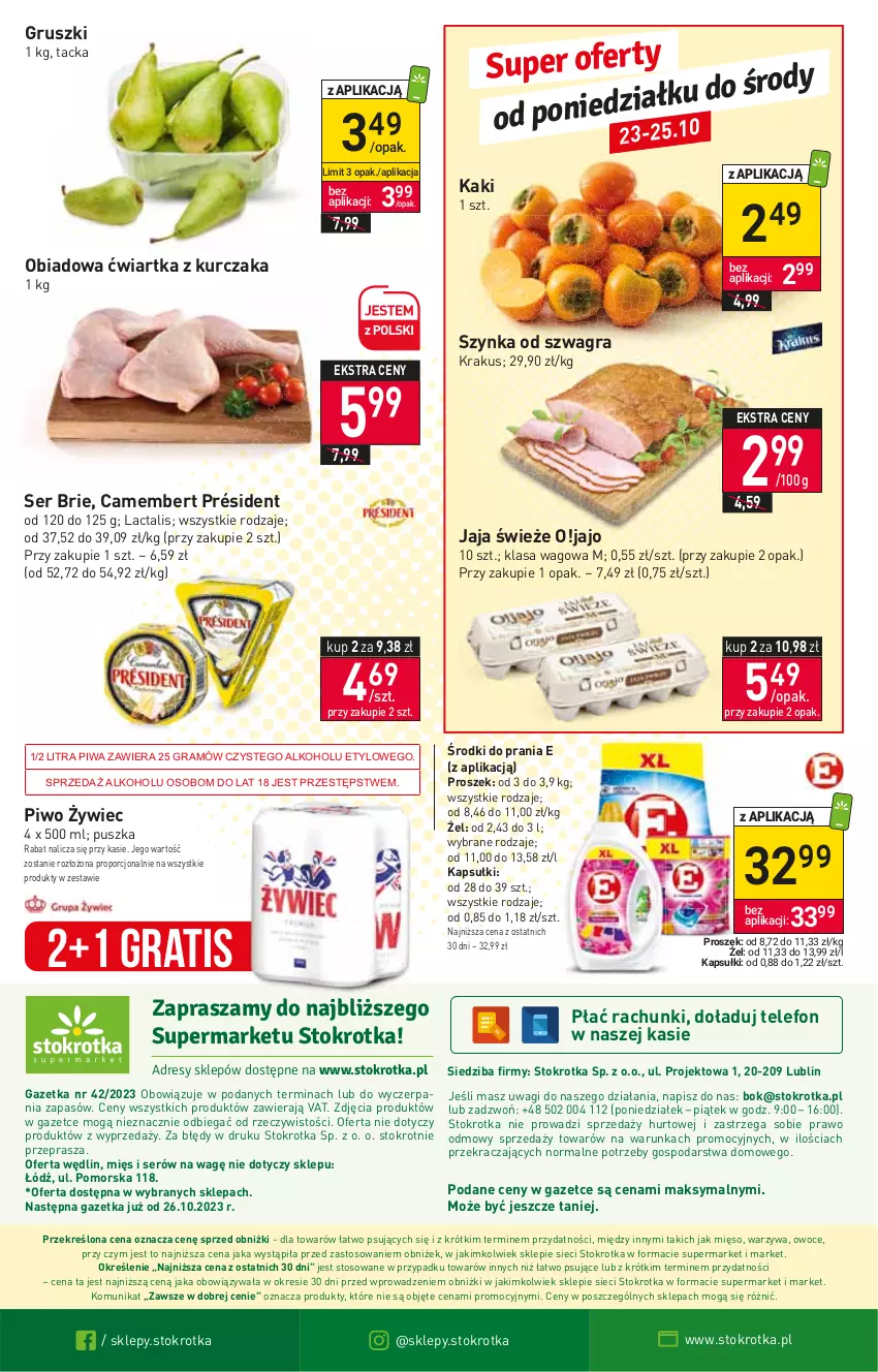 Gazetka promocyjna Stokrotka - Supermarket - ważna 19.10 do 25.10.2023 - strona 23 - produkty: Brie, Camembert, Gra, Gruszki, Jaja, Kaki, Krakus, Kurczak, Mięso, O nas, Owoce, Piwa, Piwo, Por, Président, Ser, Szynka, Telefon, Wagi, Warzywa