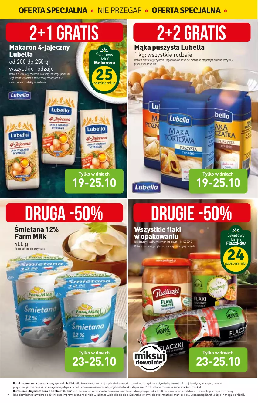 Gazetka promocyjna Stokrotka - Supermarket - ważna 19.10 do 25.10.2023 - strona 5 - produkty: Bell, Bella, Fa, Farm Milk, Flaki, Gra, Lubella, Mąka, Makaron, Mięso, Owoce, Por, Warzywa