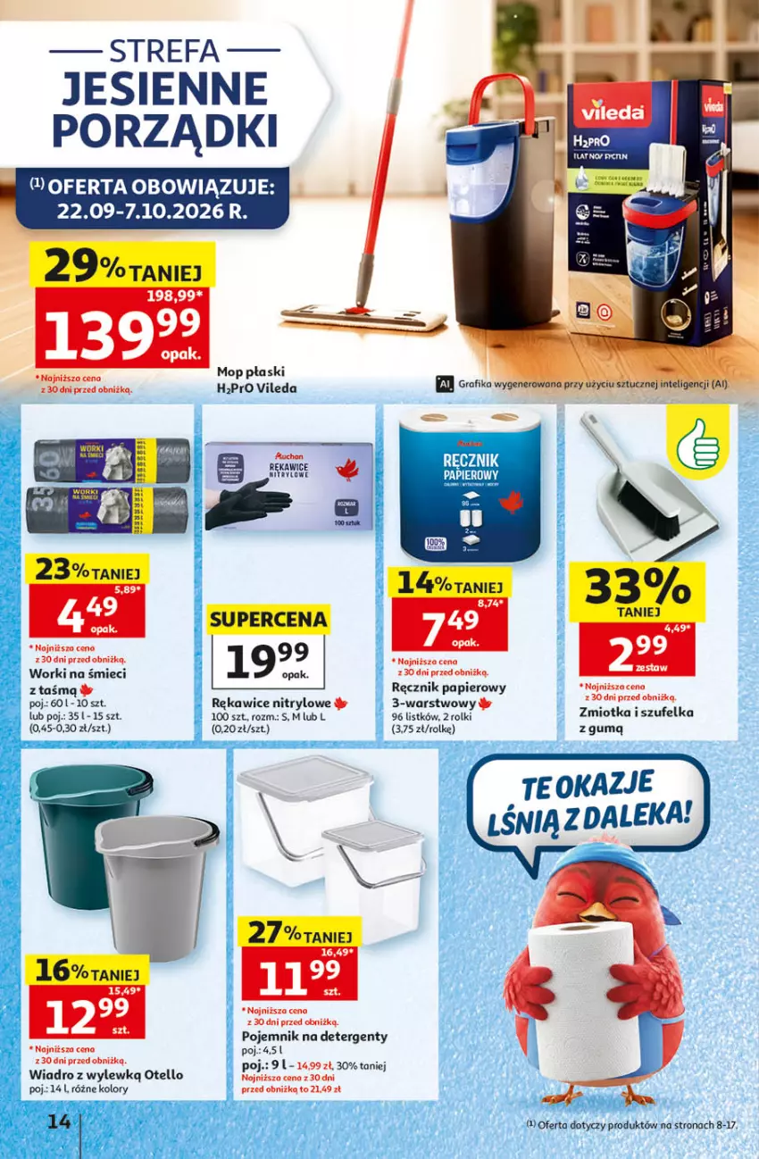 Gazetka promocyjna Auchan - Gazetka 30 Lat Hipermarket Auchan - ważna 24.09 do 30.09.2026 - strona 14 - produkty: Fa, Mop, Papier, Pojemnik, Por, Ręcznik, Rękawice, Rolki, Szufelka, Vileda, Wiadro, Worki na śmiec, Worki na śmieci
