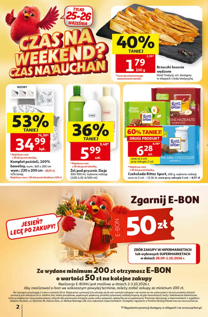 Gazetka promocyjna Auchan - Gazetka 30 Lat Hipermarket Auchan - ważna 24.09 do 30.09.2026 - strona 2 - produkty: Czekolada, Fa, Komplet pościeli, Mleko, Olej, Papier, Por, Pościel, Ritter Sport, Sos, Sport, Telefon, Ziaja