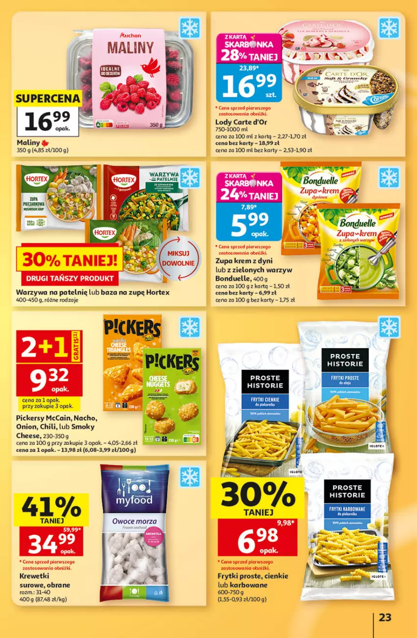 Gazetka promocyjna Auchan - Gazetka 30 Lat Hipermarket Auchan - ważna 24.09 do 30.09.2026 - strona 23 - produkty: Bonduelle, Carte d'Or, Fa, Frytki, Hortex, Krewetki, Lody, Maliny, McCain, Warzywa, Zupa