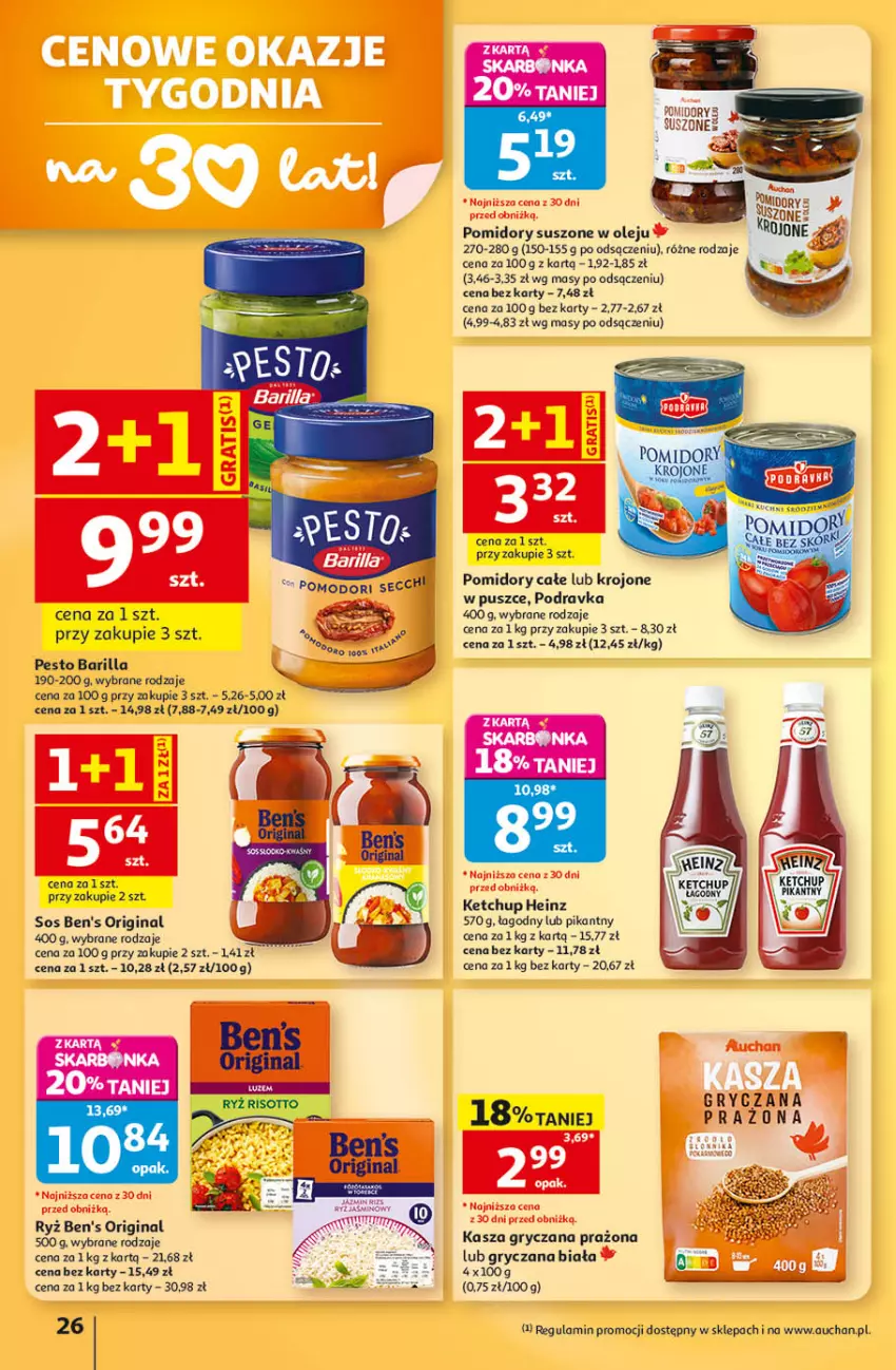 Gazetka promocyjna Auchan - Gazetka 30 Lat Hipermarket Auchan - ważna 24.09 do 30.09.2026 - strona 26 - produkty: Barilla, Be Be, Gin, Gry, Heinz, Kasza, Kasza gryczana, Ketchup, Olej, Pesto, Podravka, Pomidory, Ryż, Sos