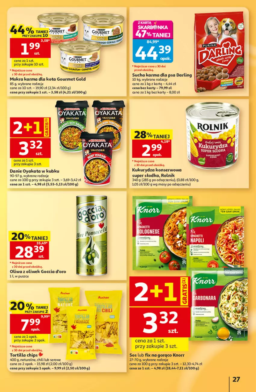 Gazetka promocyjna Auchan - Gazetka 30 Lat Hipermarket Auchan - ważna 24.09 do 30.09.2026 - strona 27 - produkty: Gourmet Gold, Knorr, Kukurydza, Kukurydza konserwowa, Mokra karma, Oliwa z oliwek, Rolnik, Ser, Sos, Sucha karma, Tortilla, Tortilla Chips