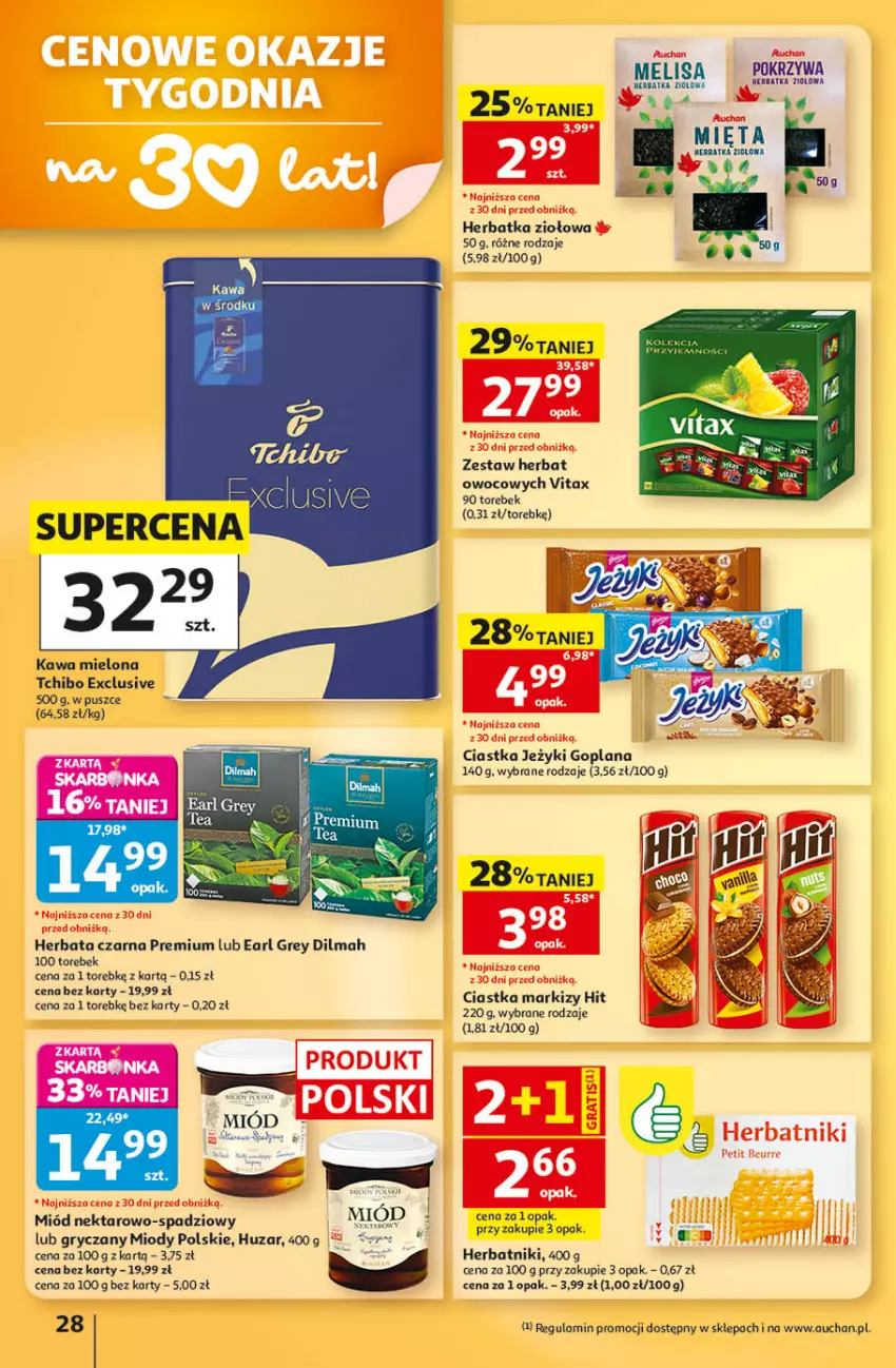 Gazetka promocyjna Auchan - Gazetka 30 Lat Hipermarket Auchan - ważna 24.09 do 30.09.2026 - strona 28 - produkty: Ciastka, Dilmah, Earl Grey, Goplana, Gry, Herbata, Herbata czarna, Herbatniki, Jeżyki, Kawa, Kawa mielona, LANA, LG, Miód, Nektar, Ser, Tchibo, Vitax