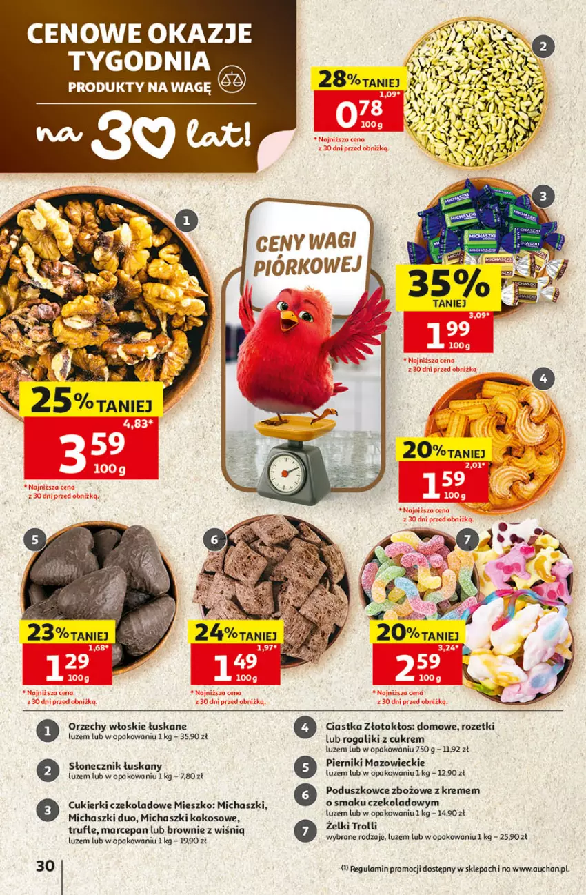 Gazetka promocyjna Auchan - Gazetka 30 Lat Hipermarket Auchan - ważna 24.09 do 30.09.2026 - strona 30 - produkty: Brownie, Ciastka, Cukier, Cukierki, Cukierki czekoladowe, Kokos, Orzechy włoskie, Piernik, Rogal