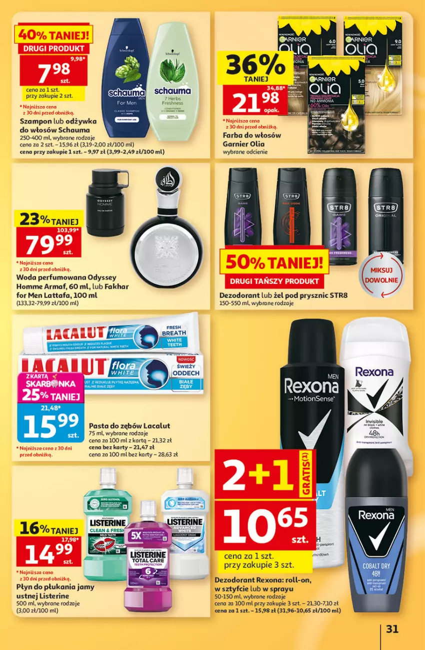 Gazetka promocyjna Auchan - Gazetka 30 Lat Hipermarket Auchan - ważna 24.09 do 30.09.2026 - strona 31 - produkty: Dezodorant, Fa, Farba do włosów, Garnier, Lacalut, Listerine, Odżywka, Pasta do zębów, Perfum, Płyn do płukania, Płyn do płukania jamy ustnej, Por, Rexona, Schauma, Str8, Szampon, Woda, Woda perfumowana