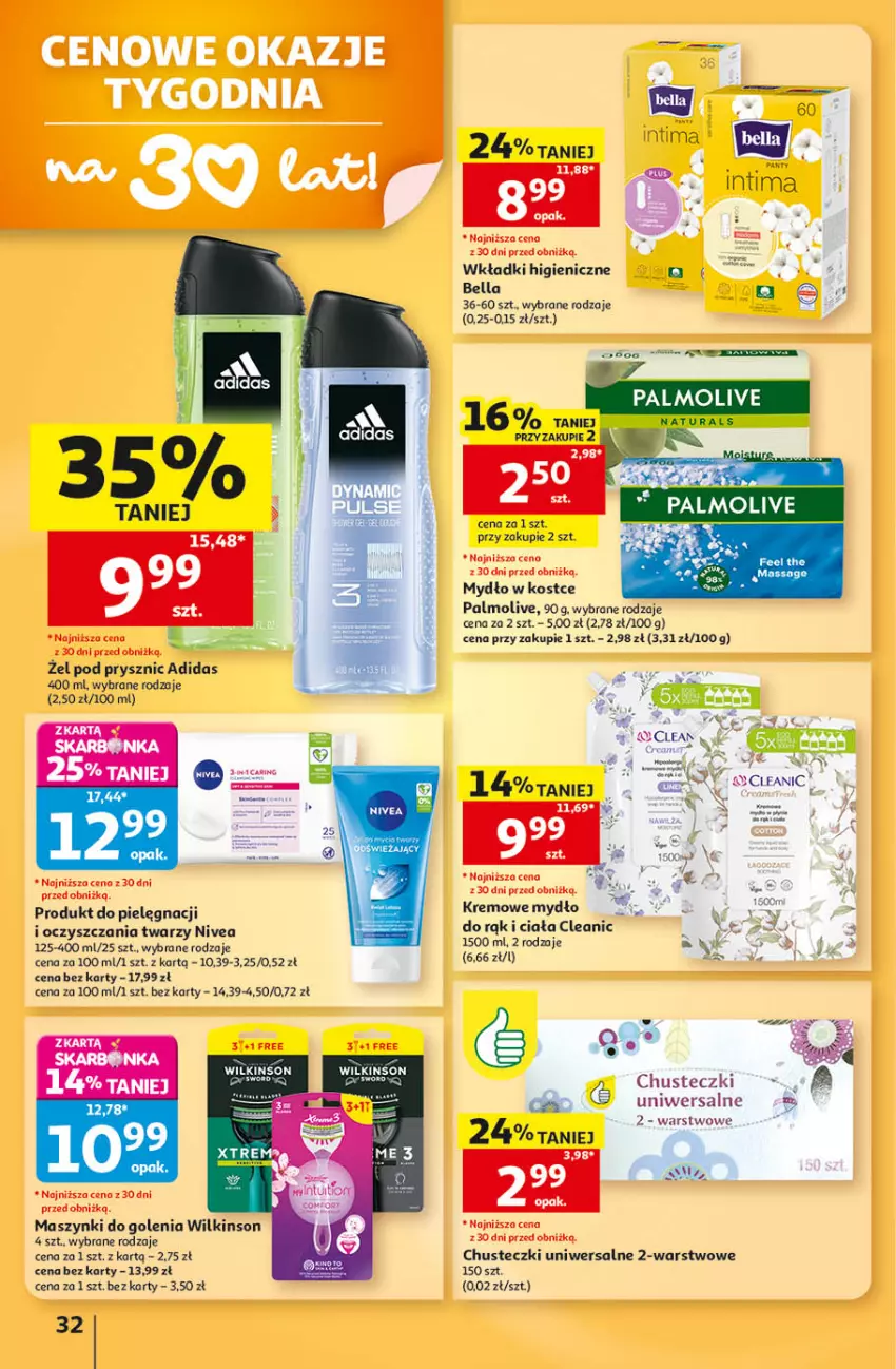 Gazetka promocyjna Auchan - Gazetka 30 Lat Hipermarket Auchan - ważna 24.09 do 30.09.2026 - strona 32 - produkty: Adidas, Bell, Bella, Chusteczki, Cleanic, Mydło, Nivea, Palmolive, Wkładki