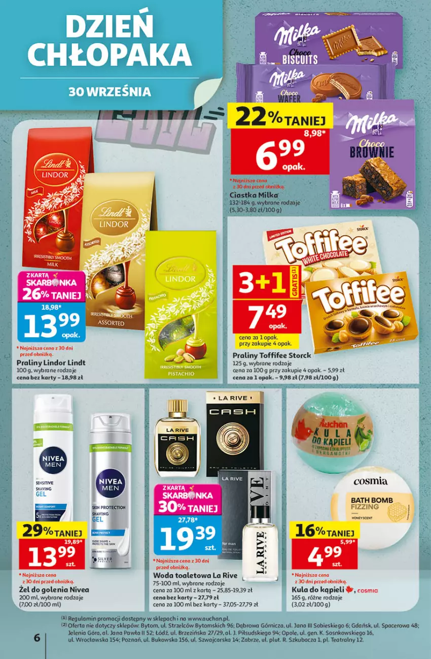 Gazetka promocyjna Auchan - Gazetka 30 Lat Hipermarket Auchan - ważna 24.09 do 30.09.2026 - strona 6 - produkty: Acer, Cars, Ciastka, Kula do kąpieli, La Rive, Lindor, Lindt, Milka, Nivea, Praliny, Ser, Sos, Toffifee, Woda, Woda toaletowa