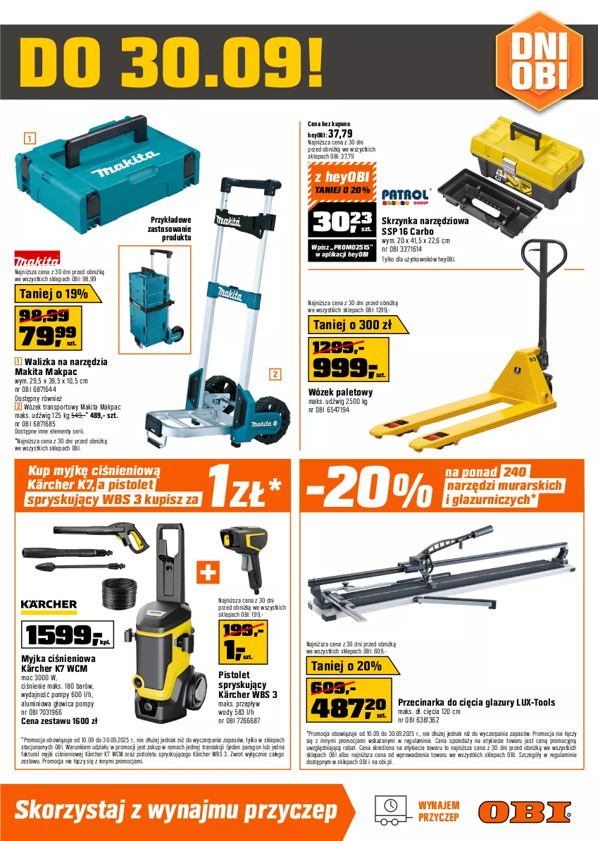 Gazetka promocyjna Obi - Gazetka OBI - ważna 10.09 do 30.09.2025 - strona 15 - produkty: Cement, Ceresit, Dźwig, Fa, Grunt, Kärcher, Lazur, Makita, Myjka ciśnieniowa, Pistolet, Płyta, Por, Przecinarka, Rama, Ser, Skrzynka narzędziowa, Sport, Top, Tran, Wałek, Walizka, Wózek, Wózek transportowy