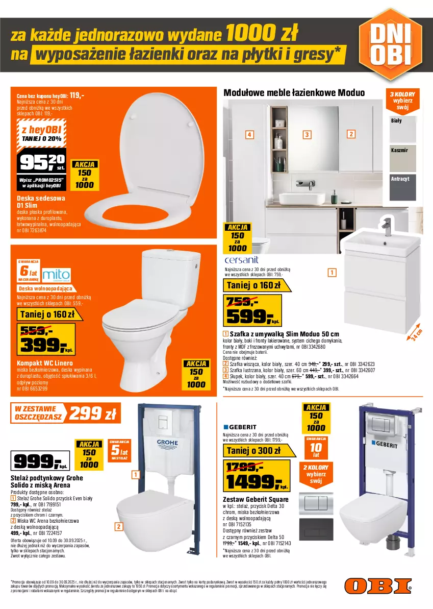 Gazetka promocyjna Obi - Gazetka OBI - ważna 10.09 do 30.09.2025 - strona 3 - produkty: Brodzik, Deska sedesowa, Deska wolnoopadająca, Gres, Grohe, Kabina prysznicowa, Kompakt WC, Lakier, Meble, Meble łazienkowe, Miska, Rolki, Słuchawka prysznicowa, Słupek, Sok, Syfon, Szafka, Tran, Uchwyty, Wanna