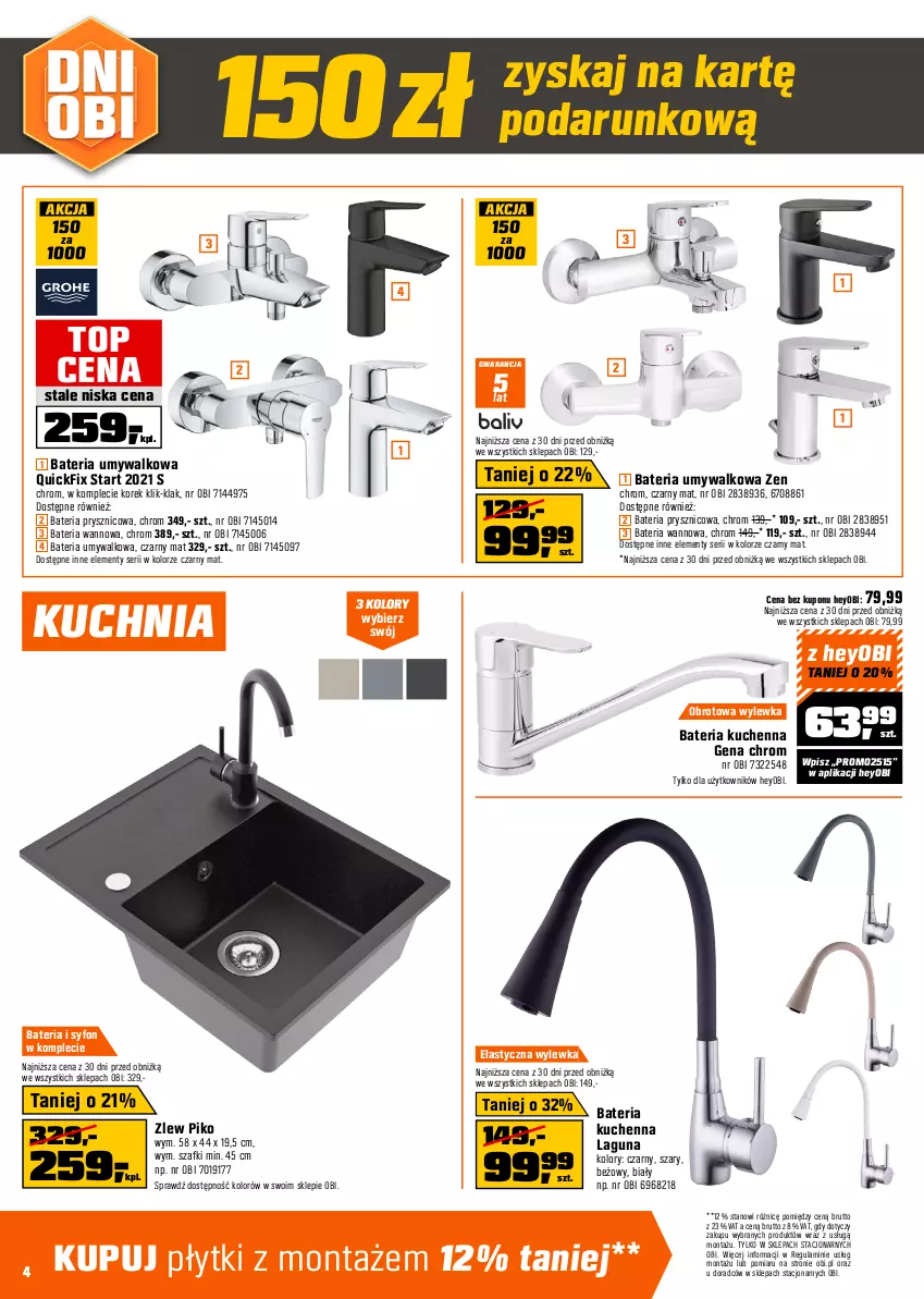 Gazetka promocyjna Obi - Gazetka OBI - ważna 10.09 do 30.09.2025 - strona 4 - produkty: Bateria, Bateria kuchenna, Bateria prysznicowa, Bateria umywalkowa, Bateria wannowa, Fa, Geoflex, Gin, Gres, Inka, Klej, Kuchnia, Lack, Rama, Ser, Sok, Syfon, Top, Tran, Tusz, Zlew