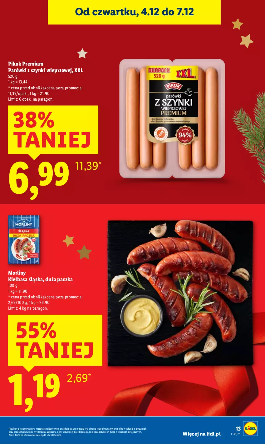 Gazetka promocyjna Lidl - GAZETKA - ważna 04.12 do 07.12.2025 - strona 13 - produkty: Kiełbasa, Kiełbasa śląska, Morliny, Parówki, Parówki z szynki, PIKOK