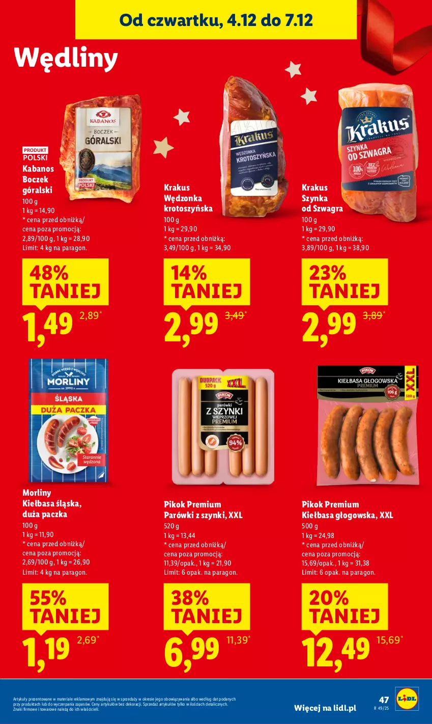 Gazetka promocyjna Lidl - GAZETKA - ważna 04.12 do 07.12.2025 - strona 49 - produkty: Boczek, Gra, Kabanos, Kiełbasa, Kiełbasa głogowska, Kiełbasa śląska, Krakus, Morliny, Parówki, Parówki z szynki, PIKOK, Szynka
