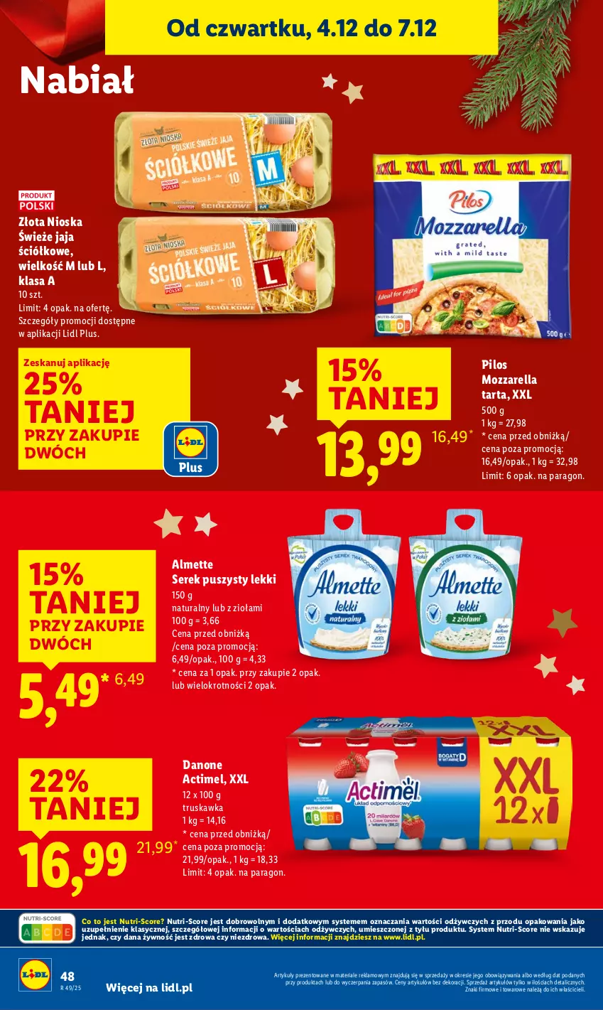 Gazetka promocyjna Lidl - GAZETKA - ważna 04.12 do 07.12.2025 - strona 50 - produkty: Actimel, Almette, Danone, Jaja, Mozzarella, Pilos, Ser, Serek, Serek puszysty, Tarta