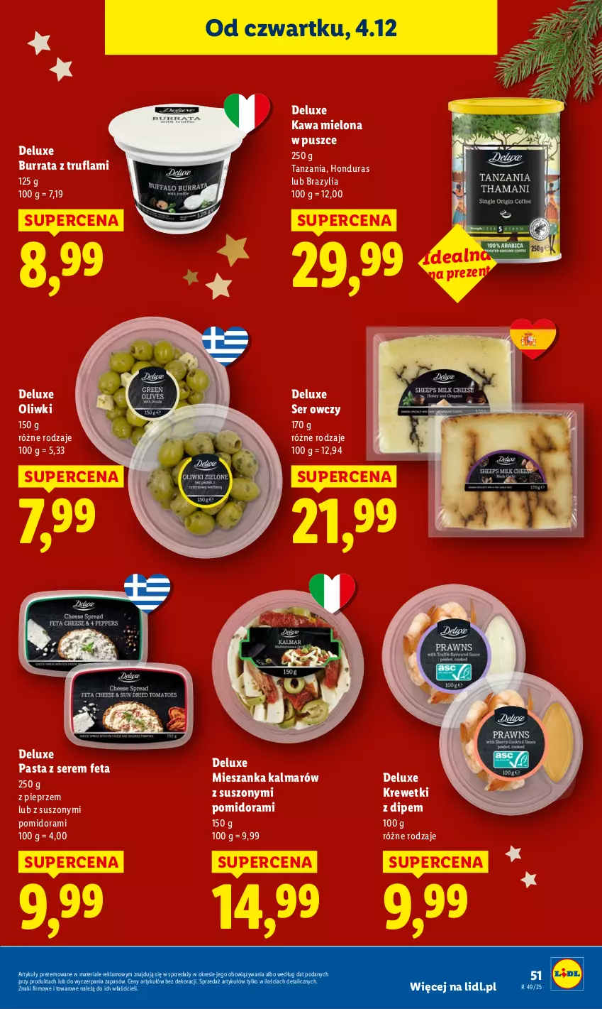 Gazetka promocyjna Lidl - GAZETKA - ważna 04.12 do 07.12.2025 - strona 53 - produkty: Burrata, Feta, Kalmar, Kawa, Kawa mielona, Krewetki, Oliwki, Pieprz, Ser, Ser owczy