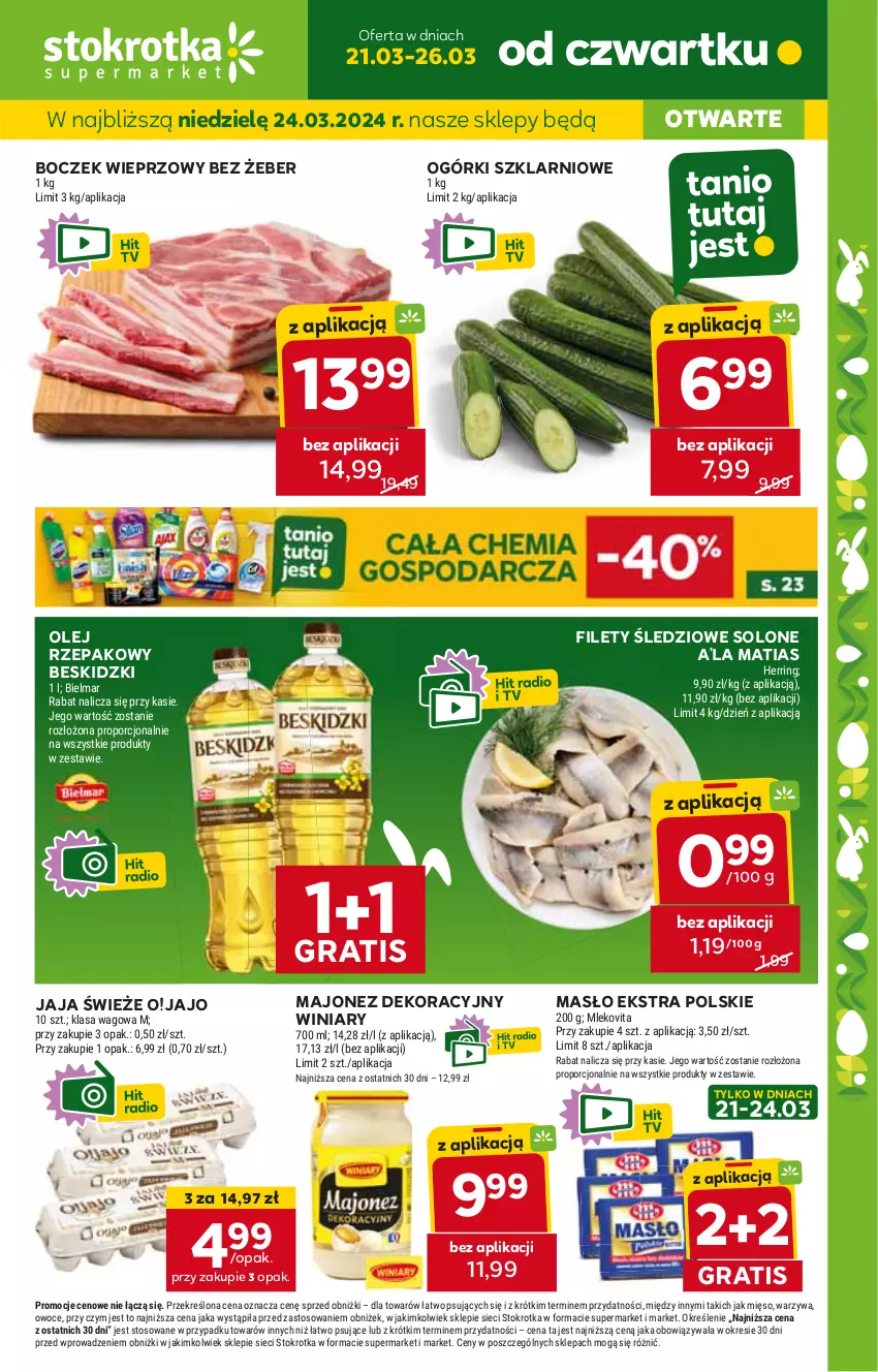 Gazetka promocyjna Stokrotka - Supermarket - ważna 21.03 do 26.03.2024 - strona 1 - produkty: Beskidzki, Boczek, Boczek wieprzowy, Gra, Jaja, JBL, Majonez, Masło, Olej, Olej rzepakowy, Winiary