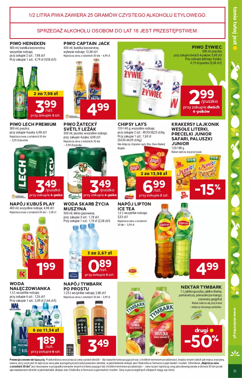 Gazetka promocyjna Stokrotka - Supermarket - ważna 21.03 do 26.03.2024 - strona 24 - produkty: Captain Jack, Chipsy, Fa, Gra, Heineken, Ice tea, Krakersy, Kubuś, Lajkonik, Lay’s, Lech Premium, Lipton, Mus, Nałęczowianka, Napój, Nektar, Piwa, Piwo, Precelki, Szyna, Tymbark, Woda